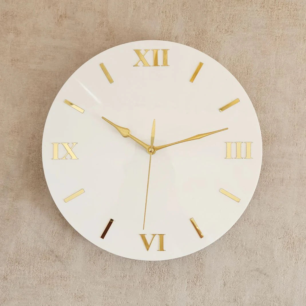 White & Gold Wall Clock – Silent Sweep with Roman Numerals
